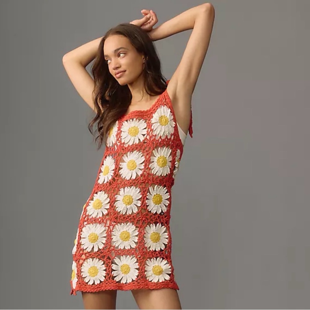 🌼 Anthropologie Floral Daisy Orange White Sun Flower Crochet Beach Dress M/L - Picture 5 of 10